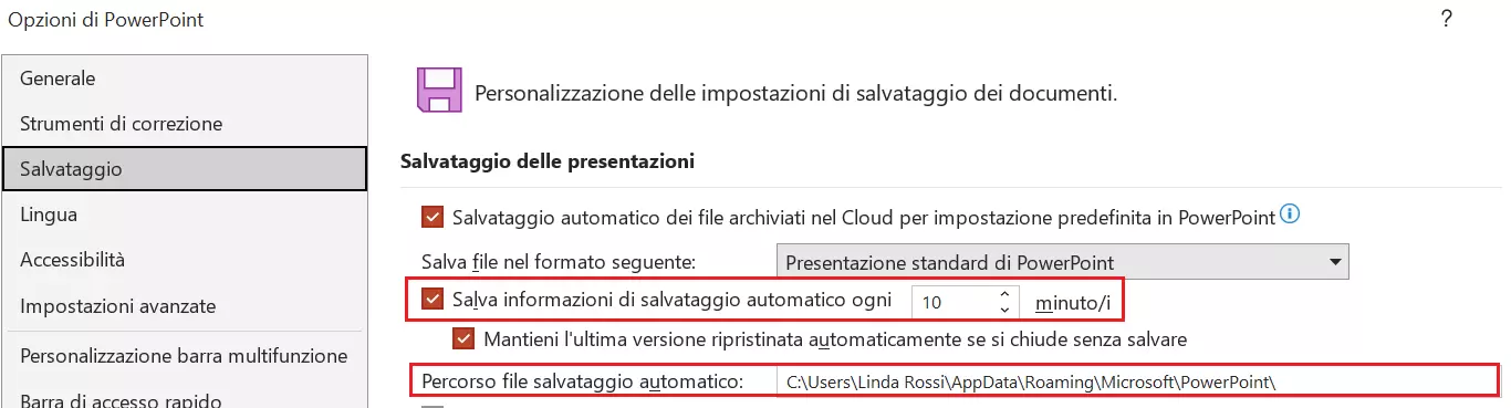 Opzioni di PowerPoint: salvataggio automatico del file Immagine: Opzioni di PowerPoint: salvataggio automatico del file